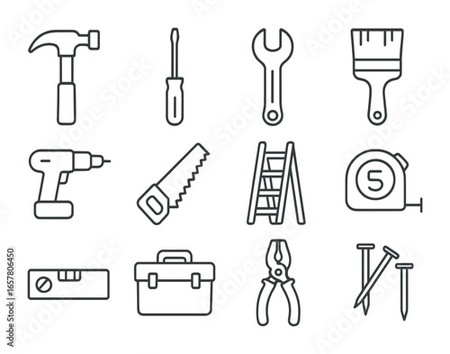 DIY Tools Icons. Outline icon set of DIY renovations: hammer, screwdriver, wrench, paintbrush, drill, saw,