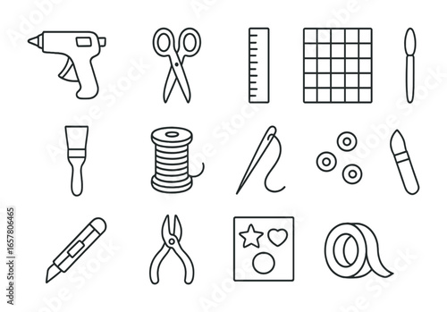 Craft Tools Icons. Outline icon set of crafting tools for home décor: glue gun, scissors, ruler, cutting mat,