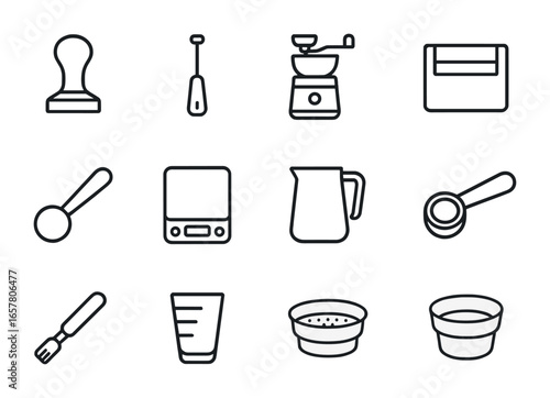 Barista Tools Icons. Outline icon set of barista tools: tamper, milk frother, coffee grinder, knock box,