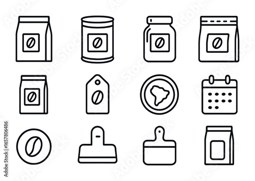 Coffee Packaging Icons. Outline icon set of coffee packaging: paper bag, tin can, glass jar, vacuum seal,