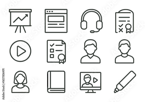 Hybrid Training Icons. Outline icon set of hybrid team training: presentation board, learning module,