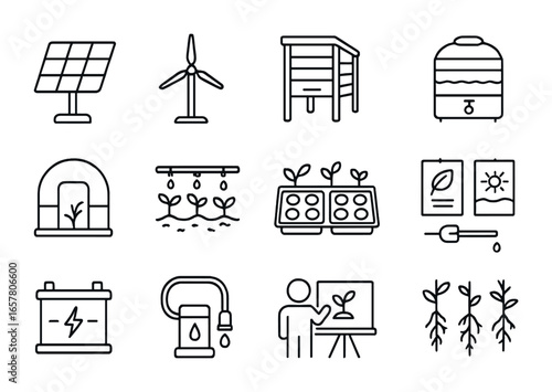 Educational Farming Icons. Outline icon set of educational farming with renewables: demonstration solar panel,