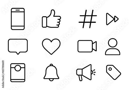Social Media Icon Grid. Outline icon set of social media marketing: smartphone, like icon, hashtag, share icon