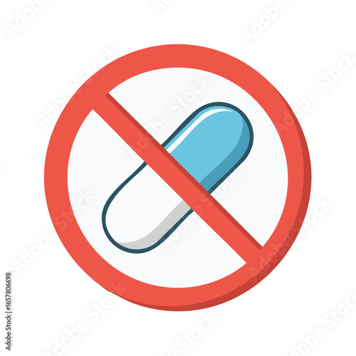 Blue Capsule Pill within Red Prohibited Circle Symbol Medication Restriction Icon