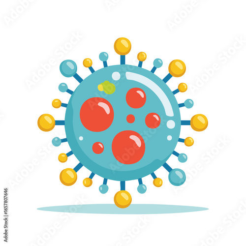 Microscopic Virus Cell Illustration, Blue Sphere with Red Circles, Yellow and Blue Spikes, Microbiology