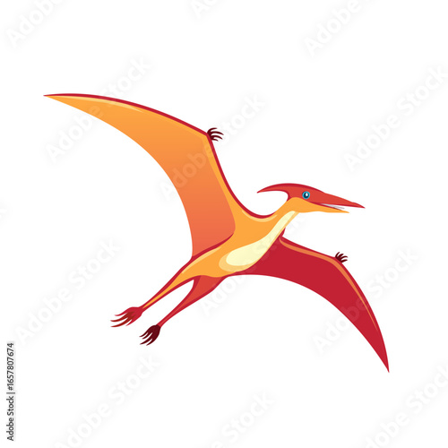 Cartoon Pterodactyl Flying Against White, Prehistoric Reptile, Red Orange Gradient Color