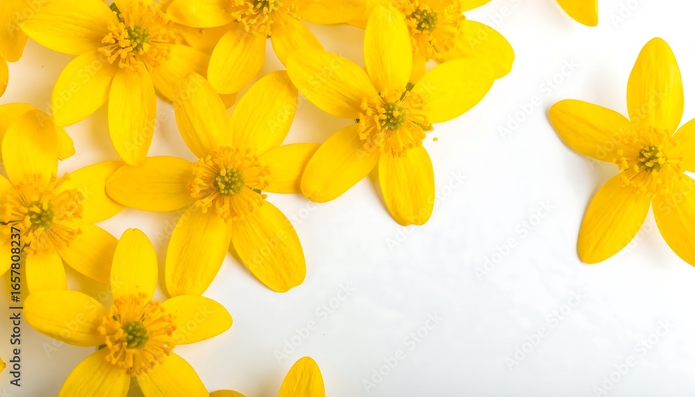 Obraz premium Bright yellow flowers, delicately arranged, create a cheerful and vibrant springtime scene against a pure white background.