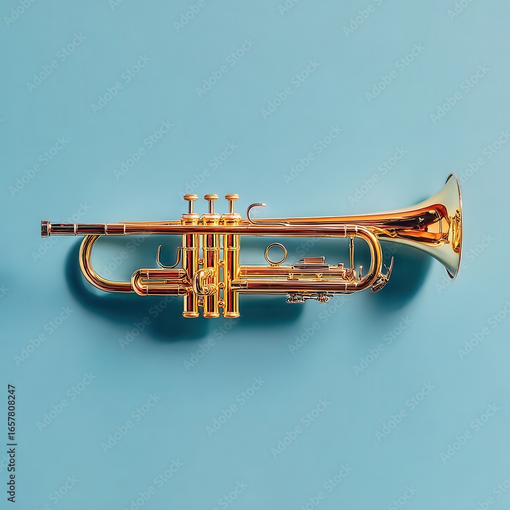 Obraz premium Gold trumpet on a light blue background. Studio shot.