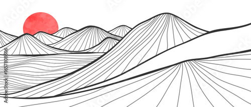 Minimalist Mountain line art illustration. Abstract mountain contemporary aesthetic backgrounds landscapes. mountain, hills, ocean and sunset. use for print art, poster, cover, banner