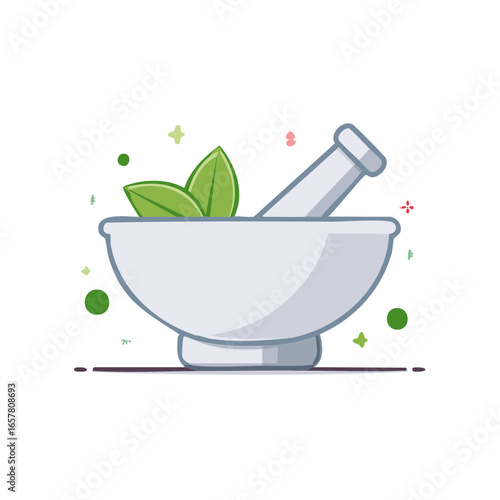 Illustration depicting mortar and pestle with green leaves, a concept for herbal medicine preparation.