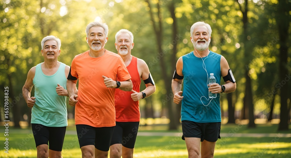 Obraz premium A mature group of men and women running together a park during sunset. Afternoon with family and friends
