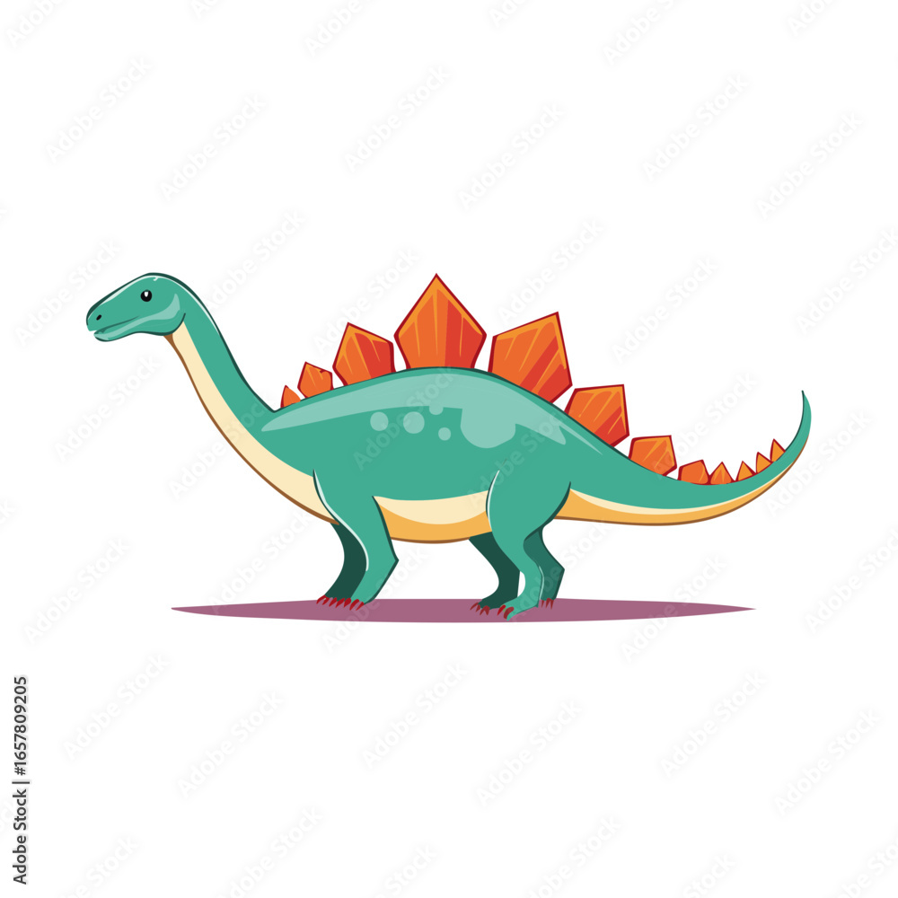 Obraz premium Green Stegosaurus Cartoon Illustration, Prehistoric Creature with Orange Plates on Back, Isolated on White, Vector Design