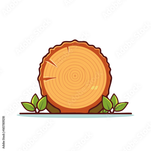 Wooden Tree Stump with Green Leaves in Forest Cartoon Style Illustration