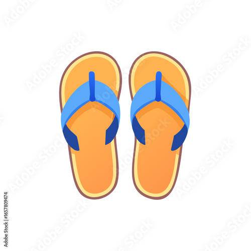 Pair of orange flip flops with blue straps for summer beach vacation holidays