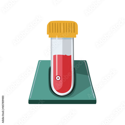 Vial of Red Liquid on Green Holder with Yellow Lid for Healthcare Laboratory Test