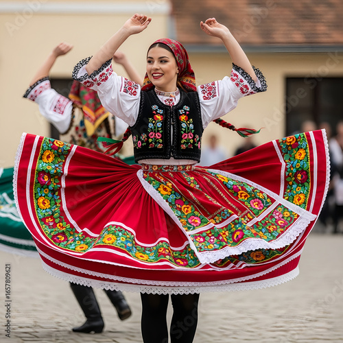 Woman in Red Floral Skirt Performing Energetic Folk Dance Outdoors