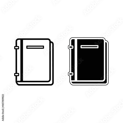 Two stylized icons of a book or binder, one outlined and one solid black.
