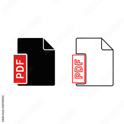 Two PDF file icons, one filled black and the other with a white outline, both with a red PDF label.