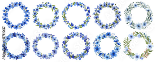 ブルーのフラワーリースの水彩風ベクターセット 花冠 / 花輪と草の可愛いイラスト 