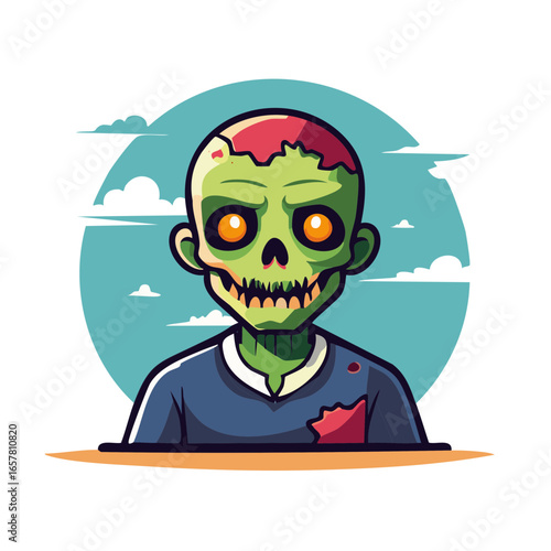 Cartoon zombie character with rotting flesh, glowing eyes, and a sinister grin posing on a decorative background.
