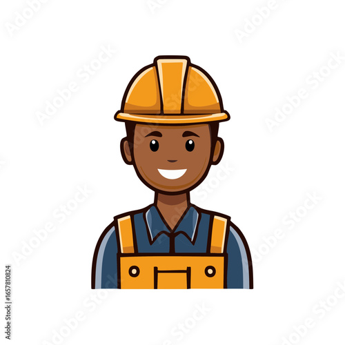 Cartoon Style Construction Worker Smiling Happy Tradesman in Overalls and Hard Hat