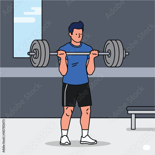 Flat Illustration of Man Lifting Barbell in the Gym