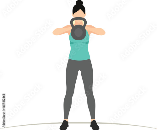 Flat Vector Illustration of Woman Lifting Kettlebell for Fitness