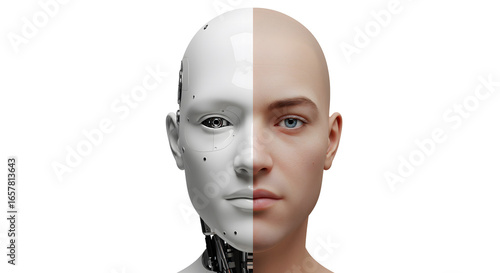 A striking visual of a human-robot hybrid face, symbolizing artificial intelligence and human connection. One half is a robotic face, the other is a human face