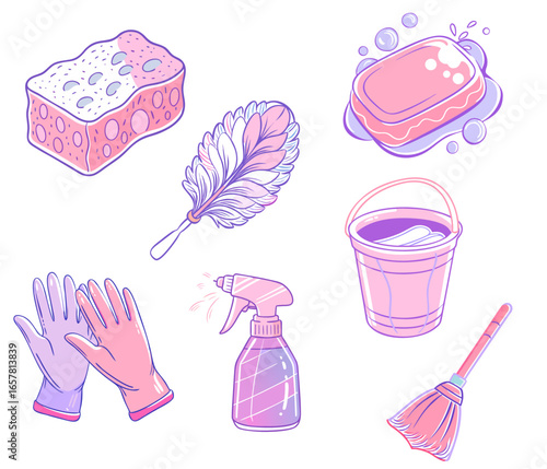 Cleaning tools and supplies illustrated in pastel colors  