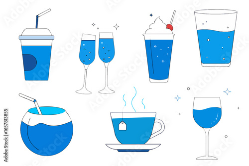 Assorted blue beverages in various glasses with straws and cups  