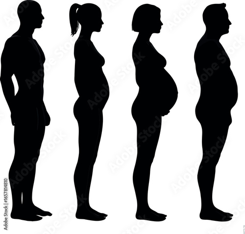 Silhouettes of four people in profile showing different body types and stages of pregnancy from thin to overweight