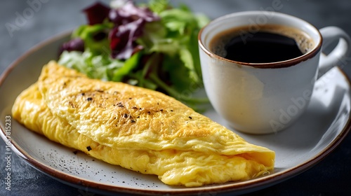 Classic French omelette served on a plate with a side of fresh mixed green salad and a cup of black coffee