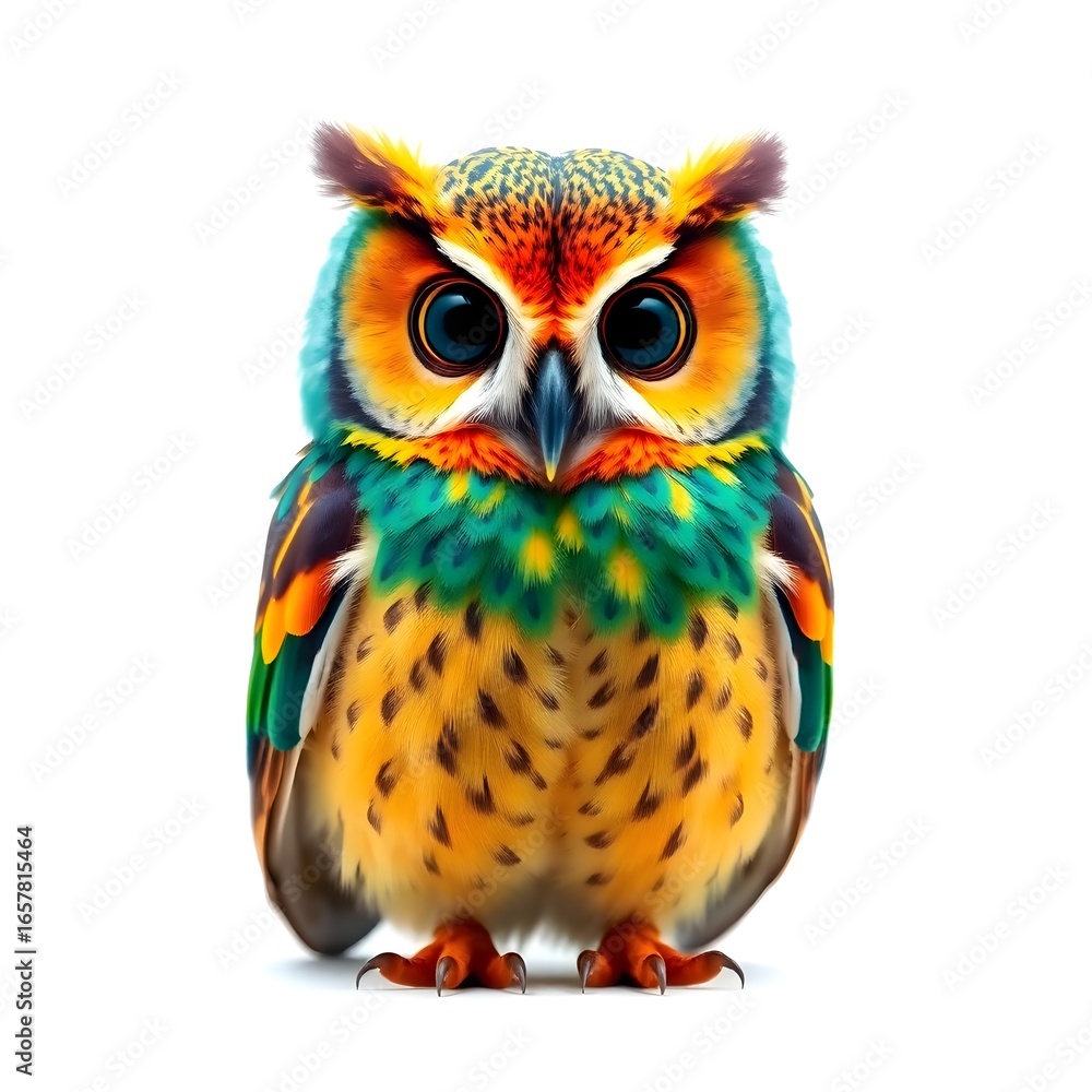 Obraz premium A vibrant multicolor owl with intricate feather patterns in shades of blue, green, yellow, and orange, perched on a clean and minimalist white background