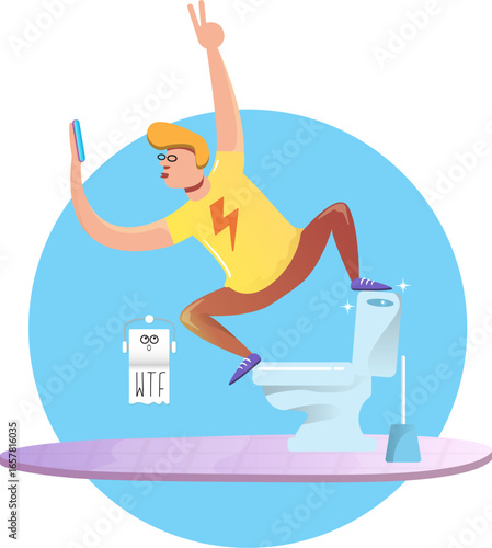 Happy Young man sitting on toilet and taking a selfie on phone. narcissism or social media addiction vector concept illustration. Teenager having fun in toilet room with toilet bowl and paper roll