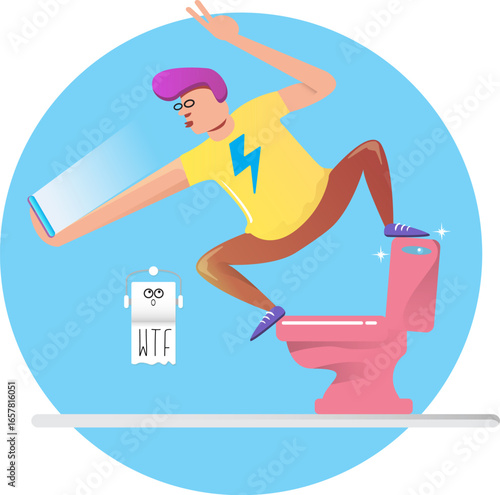 Happy Young man sitting on toilet and taking a selfie on phone. narcissism or social media addiction vector concept illustration. Teenager having fun in toilet room with toilet bowl and paper roll