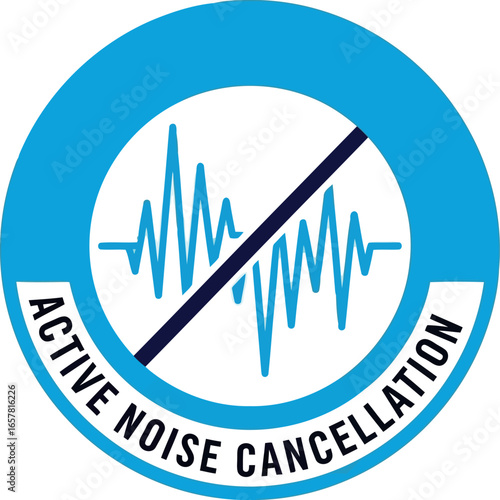 Circular icon with a sound wave graphic and a diagonal line crossing it indicating active noise cancellation technology and sound reduction