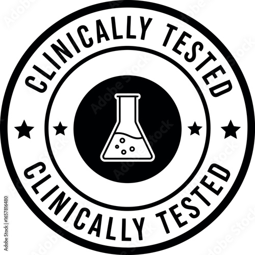 Circular stamp or seal indicating a product has been clinically tested and verified with a laboratory flask icon