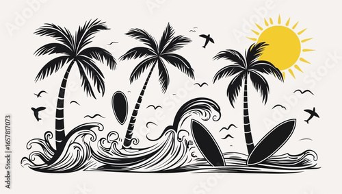 Palm trees, waves, sun, and surfboards create a tropical beach vacation vibe. Ideal for travel blogs, summer promotions, and tourism websites.