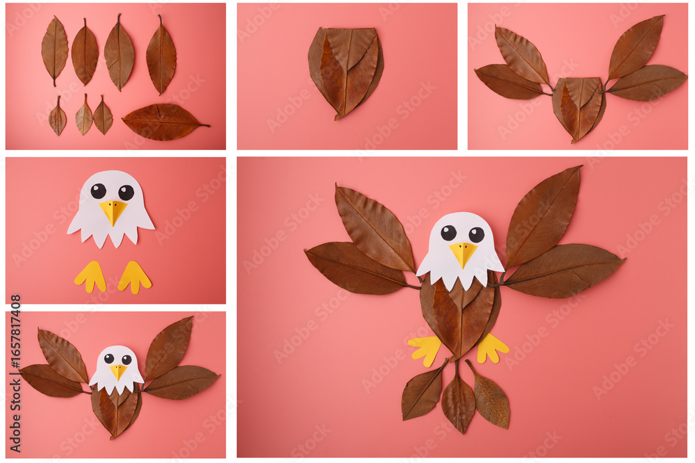 Fototapeta premium Creative nature-inspired eagle artwork made from leaves and paper, perfect for eco campaigns, educational materials, children media, and sustainable product branding
