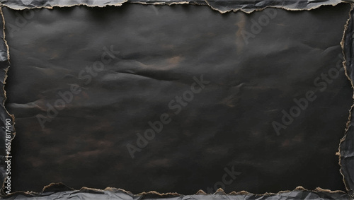 Dark crumpled paper with torn edges. Suitable for backgrounds, textures, or distressed design elements in various print or digital projects.