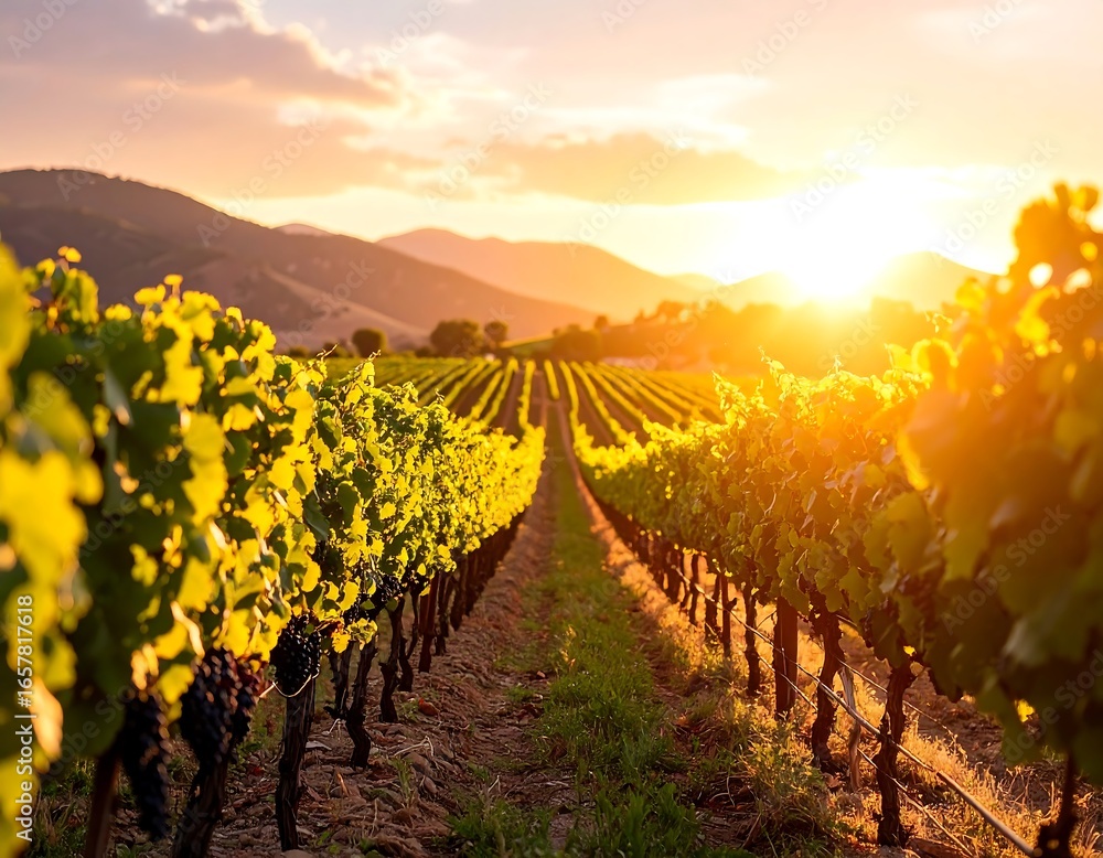 Fototapeta premium Golden Sunset Over Rolling Vineyard Rows with Distant Mountains.
