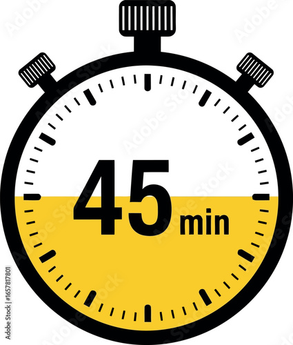 A stopwatch timer displaying forty five minutes with a yellow indicator showing elapsed time on a white background