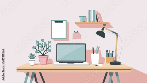Modern stylish workstation with laptop, lamp, plants, and stationery accessories. Ideal for office, remote work, home office, productivity concept.