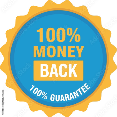 Bright blue and yellow circular badge guaranteeing 100 money back and 100 guarantee for customer satisfaction and trust