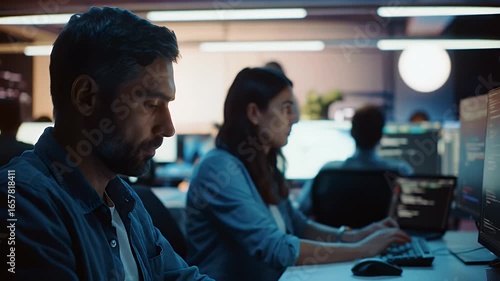 Man and Woman Coding in Blue Office with Multiple Computer Screens Showing Data and Code with Modern Light Background