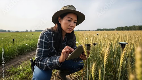 Woman farmer using tablet in wheat field