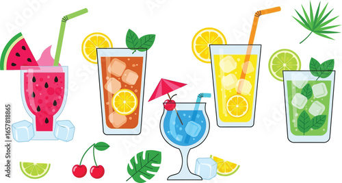 Refreshing summer drinks with fruit garnishes and ice cubes