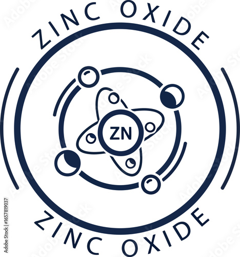 Stylized circular emblem representing zinc oxide with an atomic structure and orbiting particles symbolizing chemistry and science