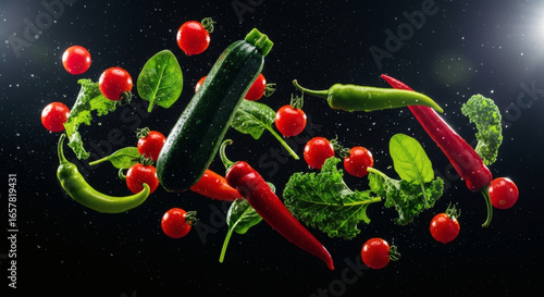 A Fresh Selection of Vegetables Floating in Zero Gravity, Zucchini and Peppers Amidst a Shower of Fresh Produce