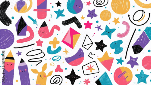 Doodle pattern with abstract shapes  cartoon elements, suitable for backgrounds, prints, and creative projects. Perfect for design.